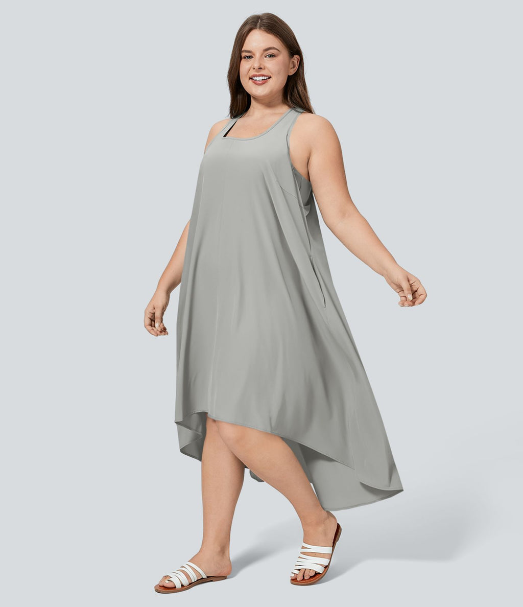 Breezeful™ Dos Nu Racerback Poche Latérale Haut Bas Fluide Midi Séchage Rapide Décontracté Robe Grande Taille