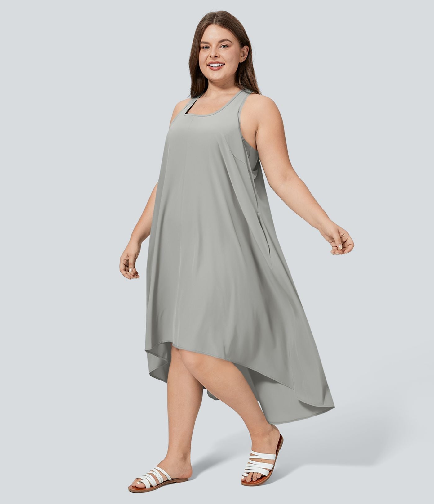 Breezeful™ Dos Nu Racerback Poche Latérale Haut Bas Fluide Midi Séchage Rapide Décontracté Robe Grande Taille