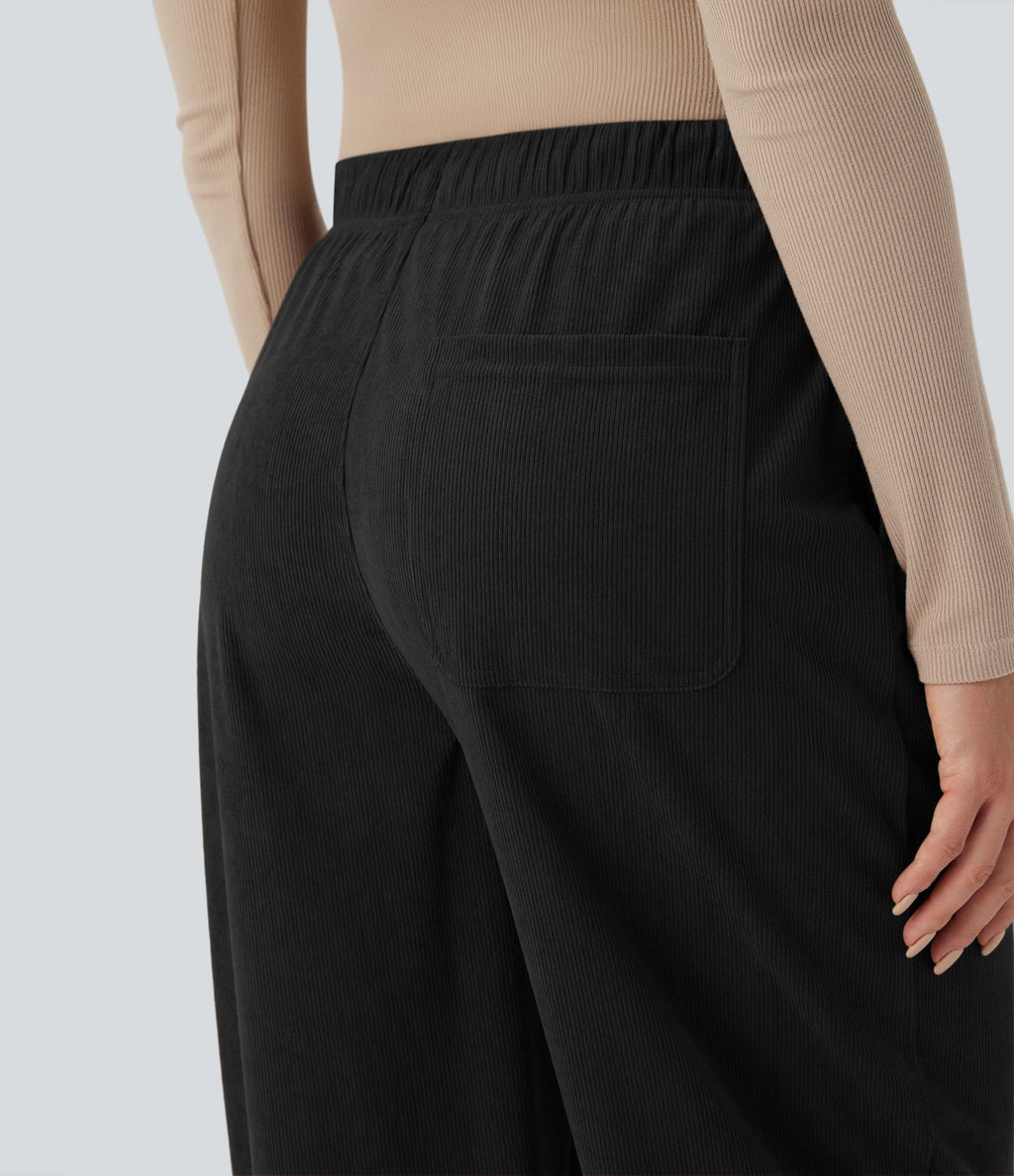 Pantalon taille mi-haute à cordon, jambe tombante en velours côtelé avec poches