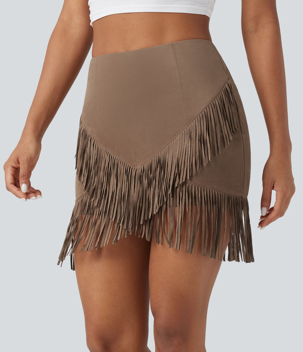 Jupe mini moulante décontractée 2-en-1 effet daim taille haute à franges