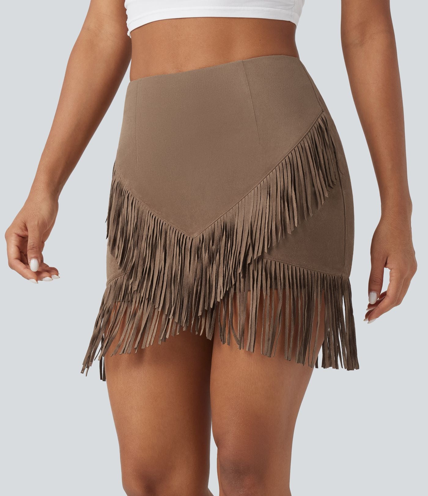 Jupe mini moulante décontractée 2-en-1 effet daim taille haute à franges