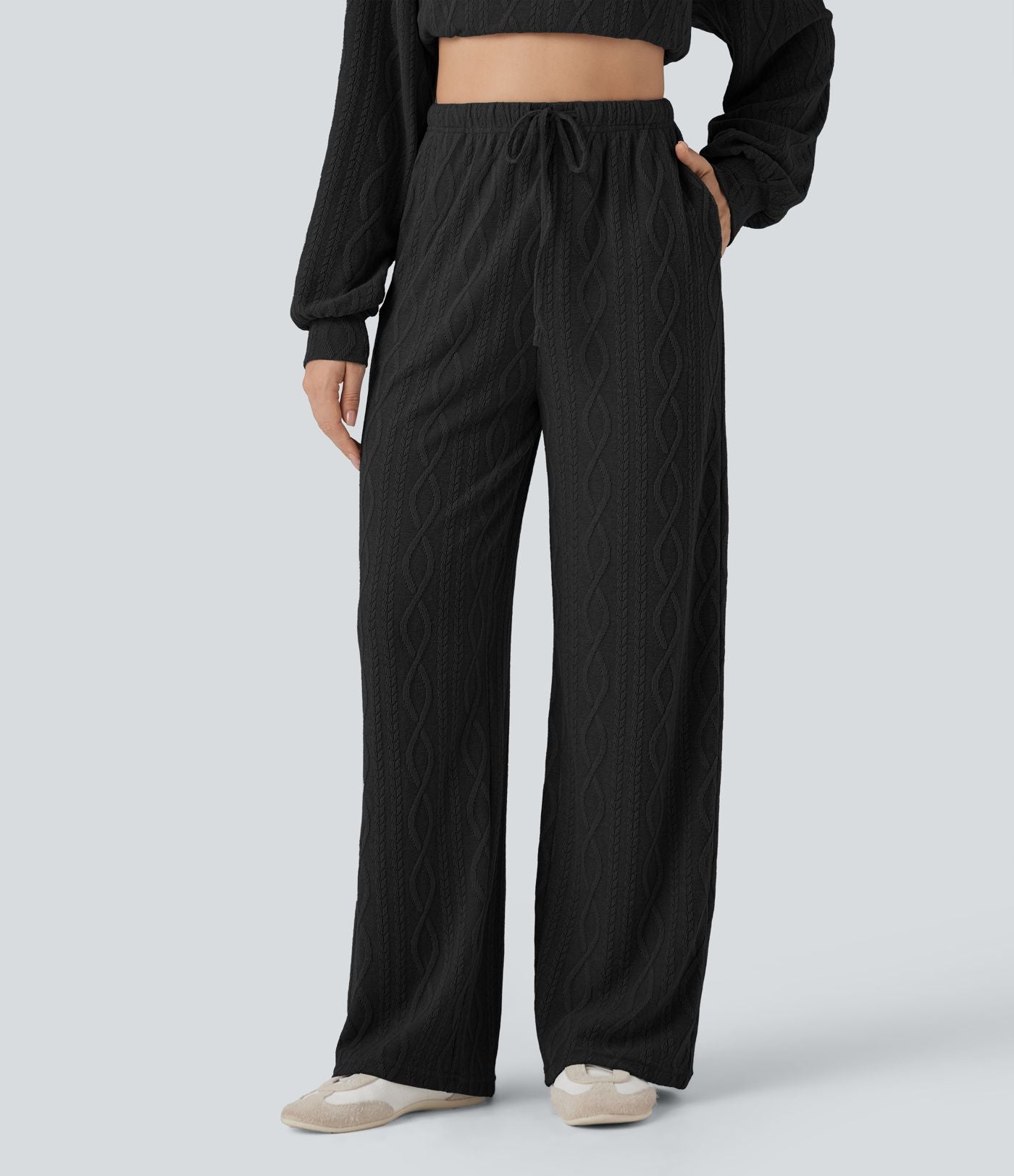 Pantalon décontracté taille haute maille torsadée avec cordon de serrage et poches