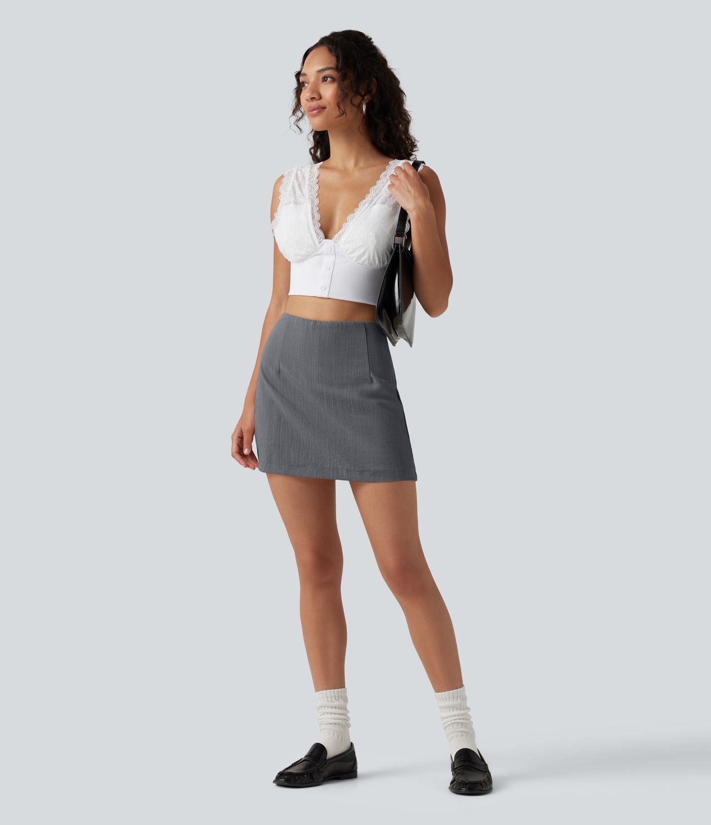 Jupe mini trapèze 2-en-1 décontractée effet lin, taille haute