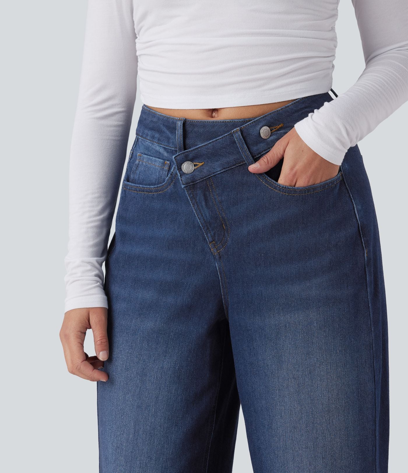 Jean baggy asymétrique Halara Flex™ taille haute effet délavé avec poches