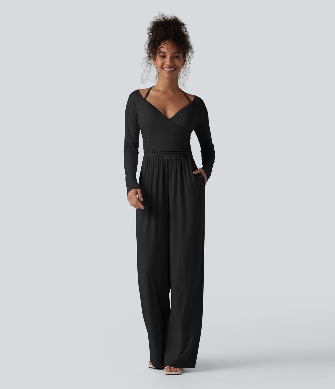 Combinaison casual en maille côtelée dos nu noué épaules dénudées manches longues avec soutien-gorge intégré et poches