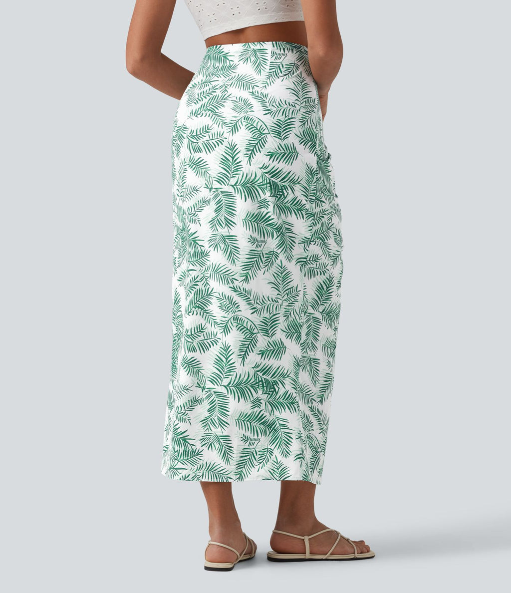 Jupe longue moulante taille mi-haute avec nœud devant et fronces imprimé floral/à rayures