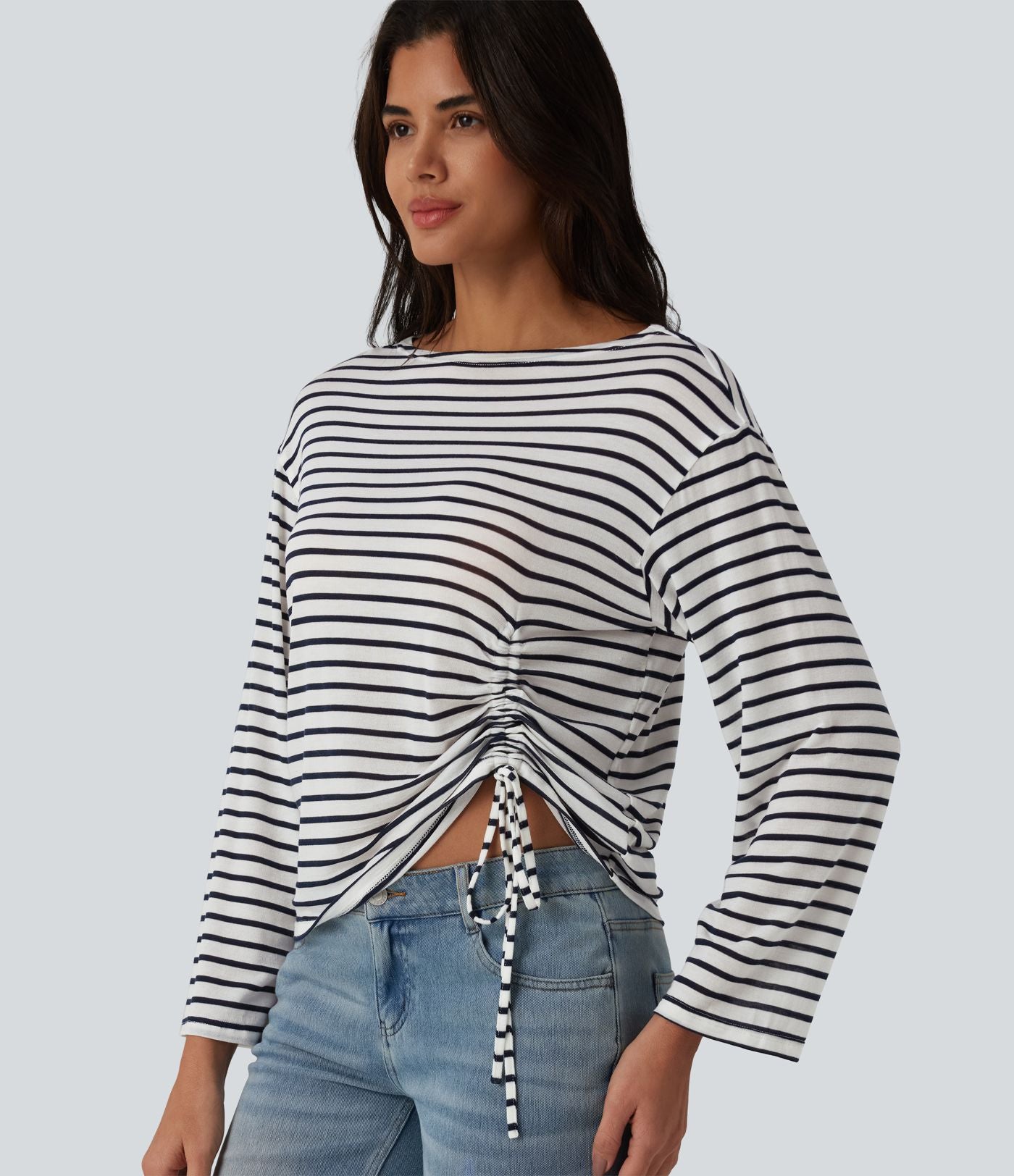 Top casual à rayures col bateau manches longues avec ourlet à cordon de serrage