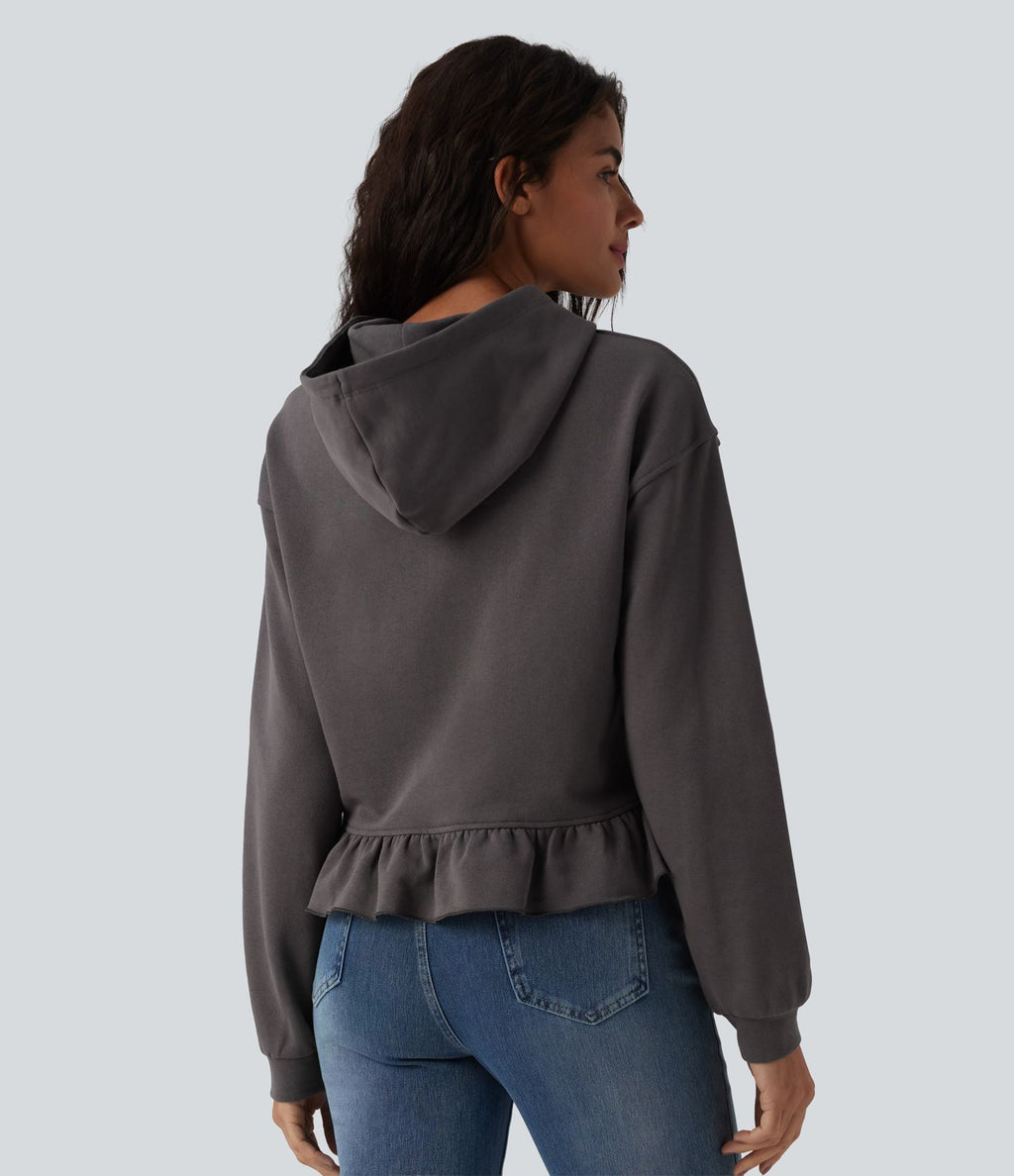 Sweat-shirt décontracté en coton à capuche avec cordon de serrage manches longues ourlet à volants