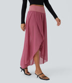 Jupe Longue Fluide Taille Haute à Volants 2 en 1 Poche Latérale Évasée en Mesh Casual Quotidien
