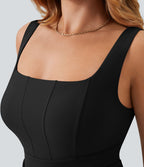 Softlyzero™ Robe Casual Midi Grande Taille Corset Moulante Encolure Carrée Dos Nu Ruchée