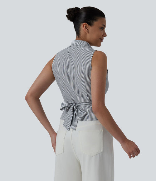 Chemise décontractée à rayures, col V, sans manches, dos noué