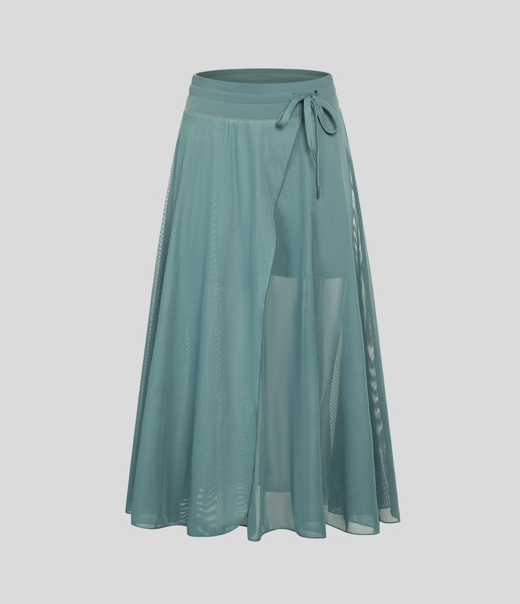 Jupe Casual Évasée Mesh Mi-Longue Fuide 2 en 1 Contrastée Taille Haute Cordon Poche Latérale