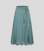 Jupe Casual Évasée Mesh Mi-Longue Fuide 2 en 1 Contrastée Taille Haute Cordon Poche Latérale