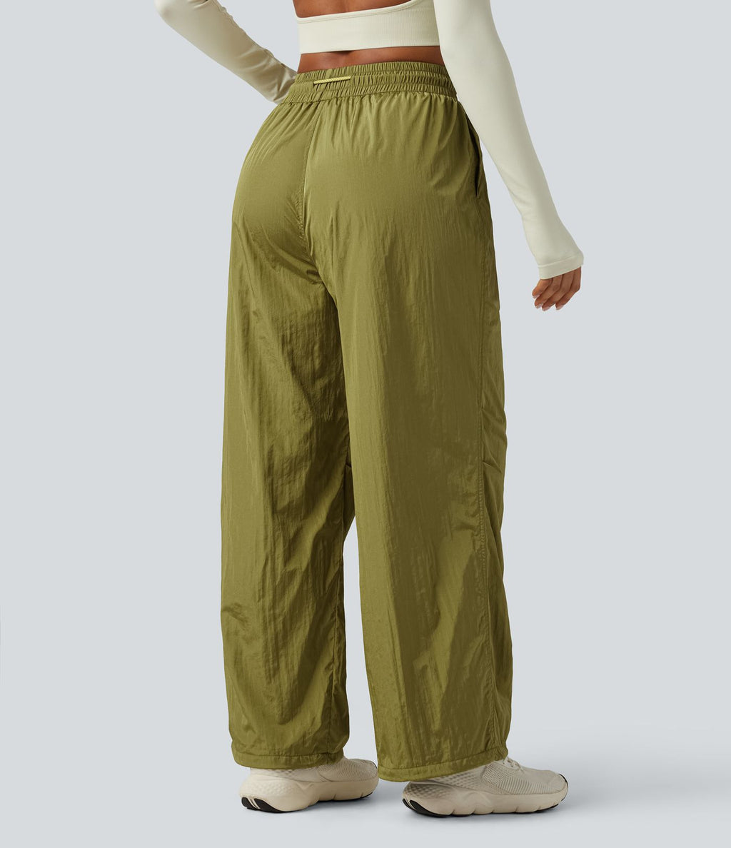 Pantalon cargo ample de randonnée taille haute avec cordon de serrage, fronces et poches