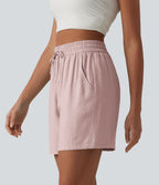 Short décontracté ample en lin mélangé taille haute avec cordon de serrage, 12,5 cm, et poches