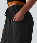 Pantalon large décontracté chiné taille mi-haute avec cordon de serrage avec poches