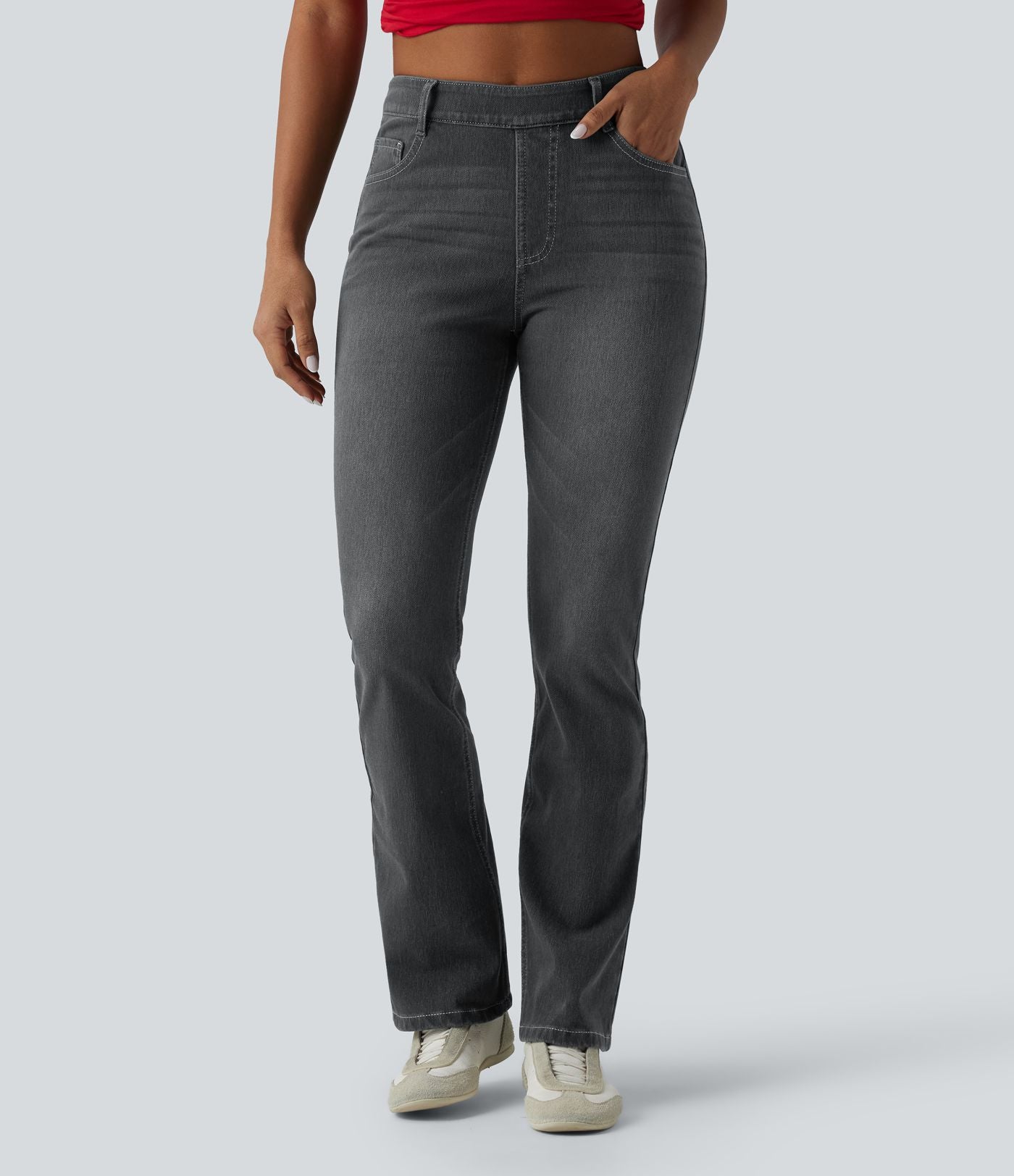 Halara Flex™ Jeans bootcut Casual Taille Haute Multiples Poches Lavés Élastiques et Tricotés Coupe