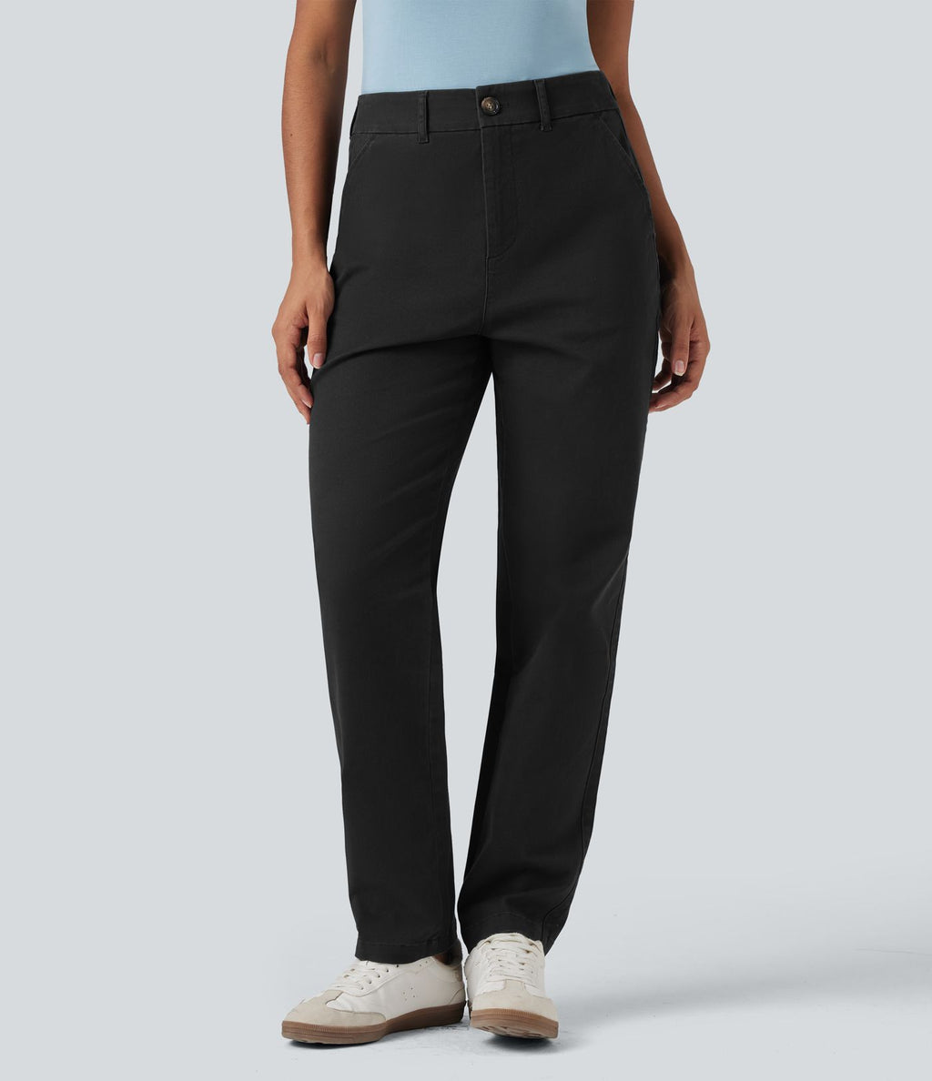 Pantalon coton fuselé taille mi-haute avec poches