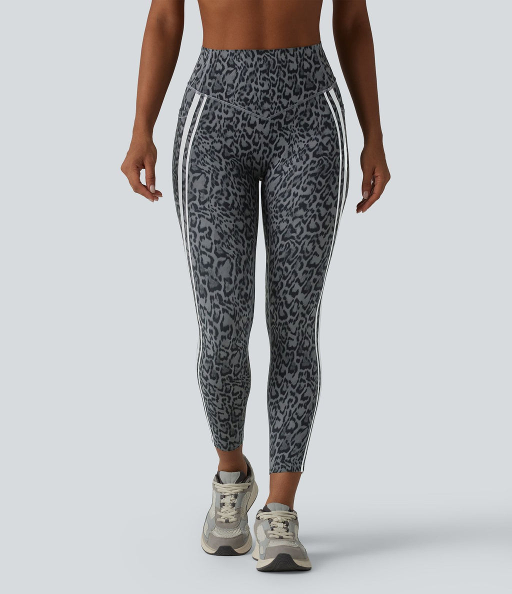 Legging 7/8 d'entraînement Halara UltraSculpt™ imprimé léopard, taille haute, ventre plat, push-up, rayures color block avec poches