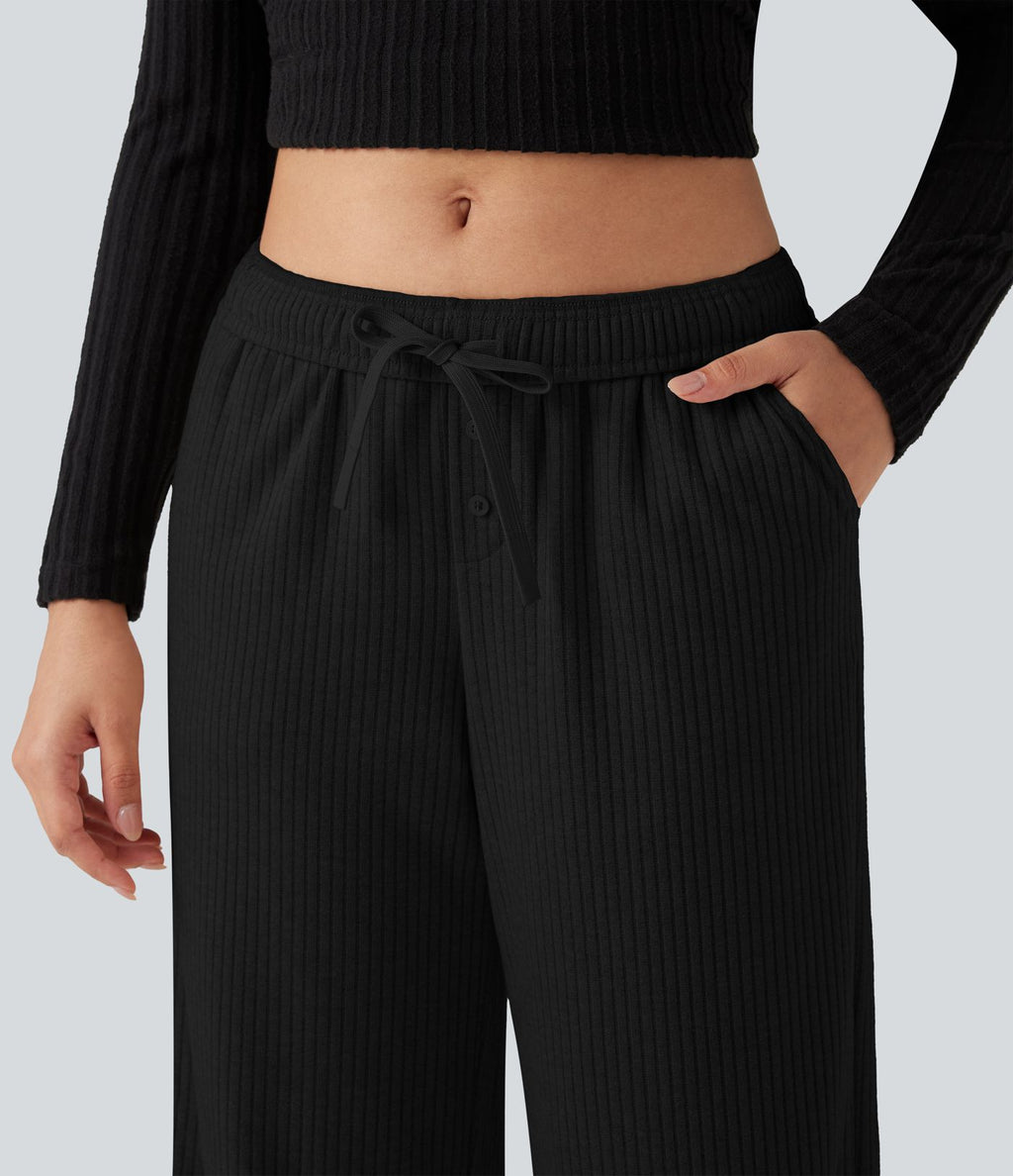 Pantalon large côtelé taille basse pliable avec cordon de serrage et poches