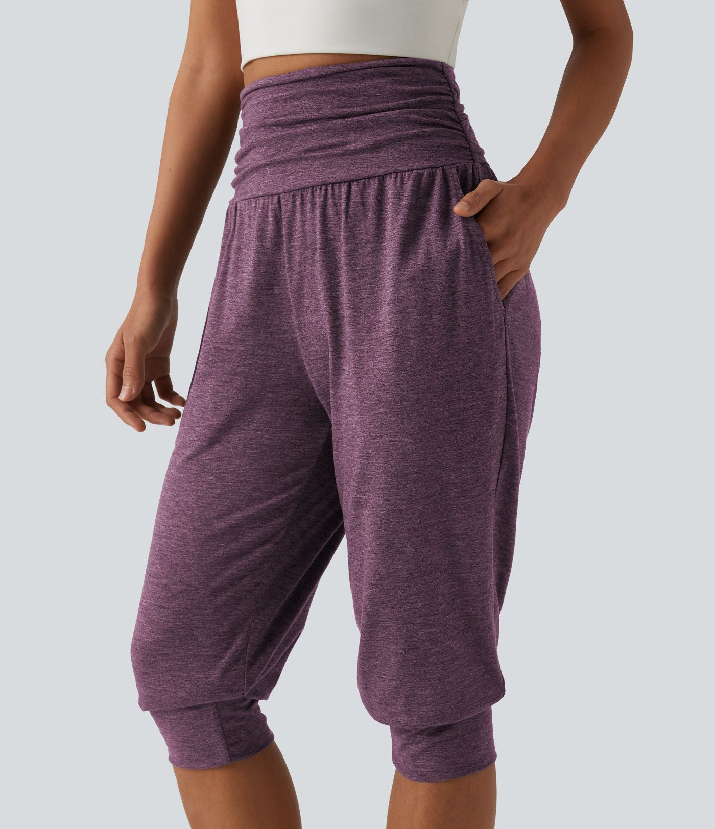 Jogging yoga corsaire chiné taille haute à fronces avec poches