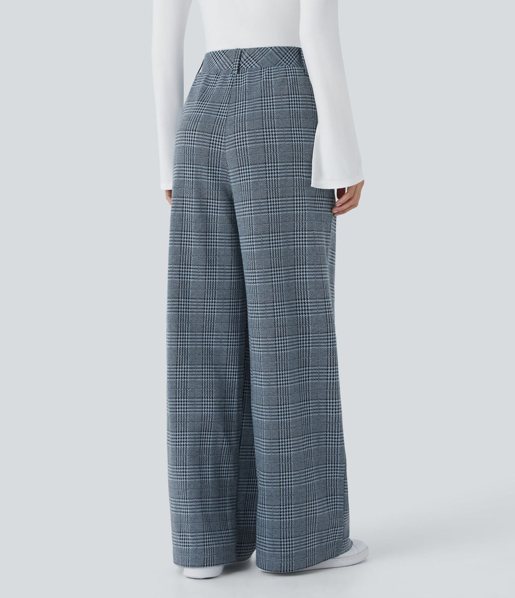 Pantalon taille haute décontracté large à carreaux, avec poches