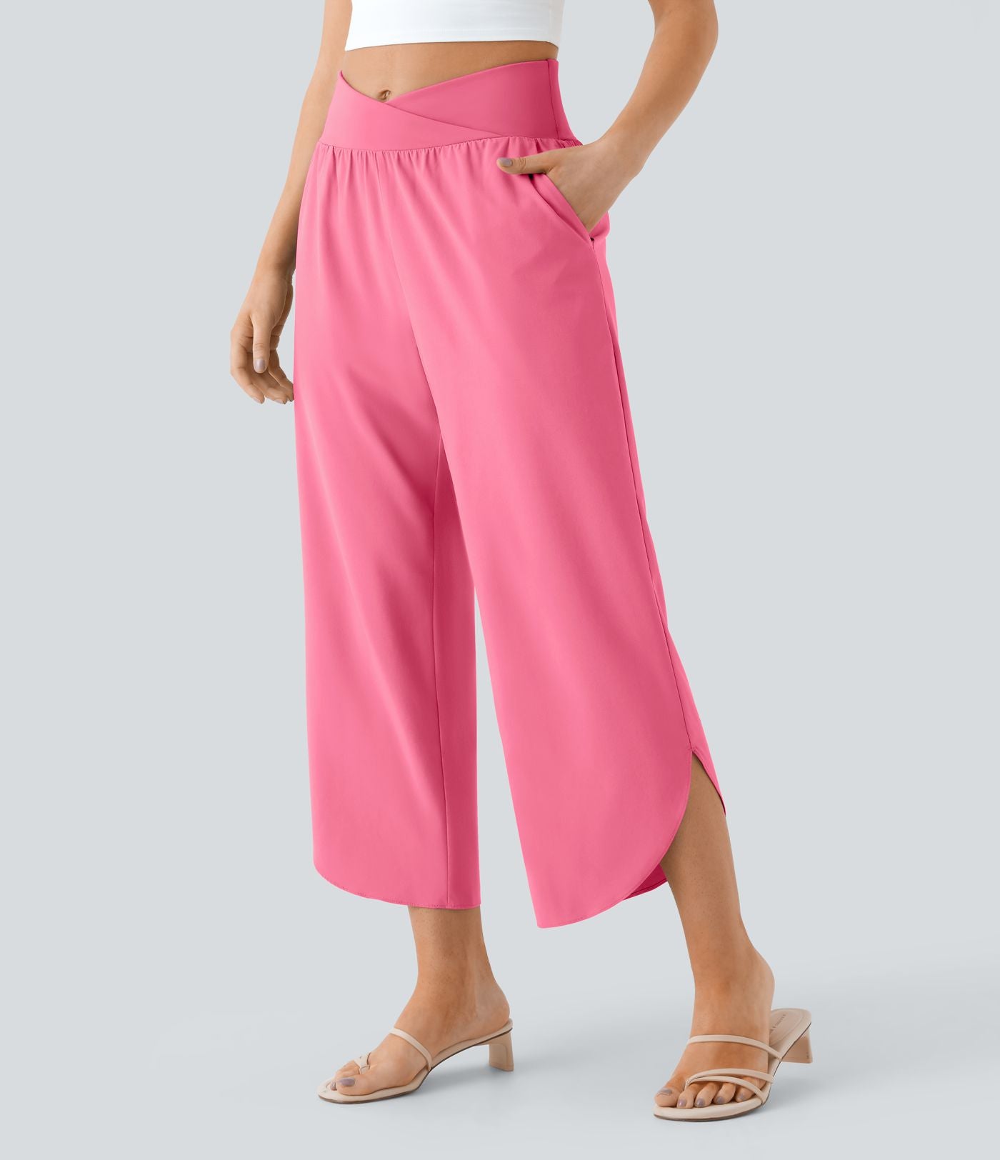 Breezeful™ Pantalon Fluide Vacances Séchage Rapide Taille Haute Croisée Poches Latérales Plissées Fente