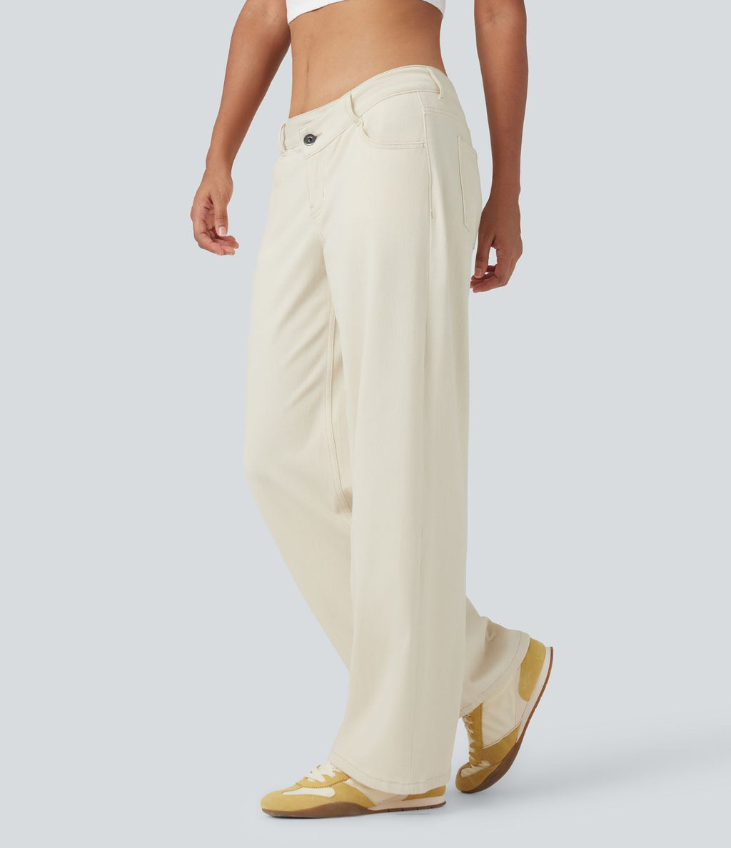 Halara Flex™ Jean large asymétrique taille basse avec bouton, fermeture éclair et poches multiples, délavé et extensible en maille