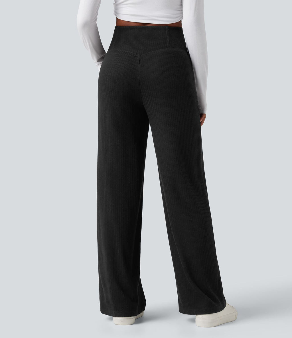 Pantalon droit décontracté côtelé croisé gainant taille haute avec poches