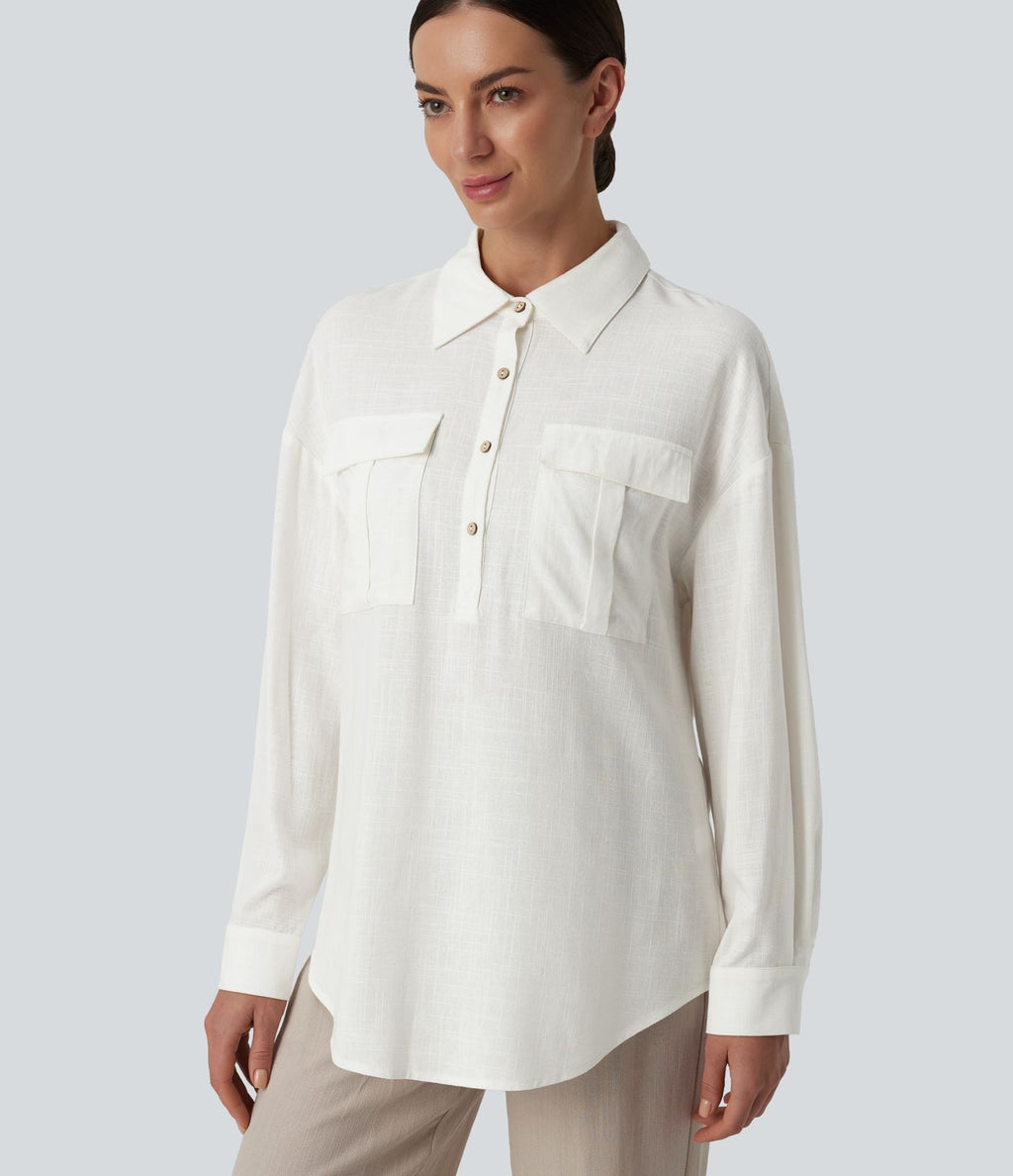 Chemise décontractée en lin col ourlet arrondi manches longues boutonnée avec poches