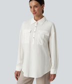 Chemise décontractée en lin col ourlet arrondi manches longues boutonnée avec poches