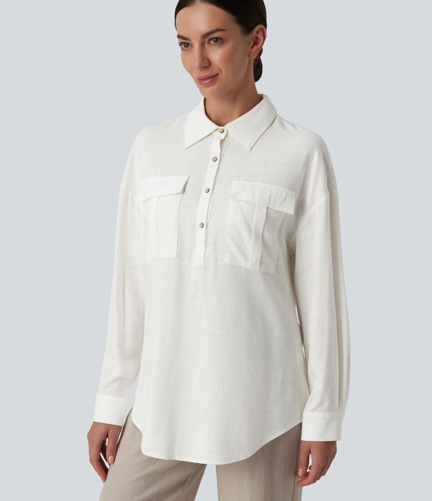 Chemise décontractée en lin col ourlet arrondi manches longues boutonnée avec poches