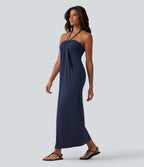 Robe longue dos nu col licou avec nœud et poches