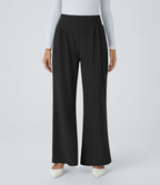 Halara Flex™ Pantalon Tailleur en Tissu Gaufré Taille Haute avec Large Ceinture Plis Poches Latérales Jambes Larges
