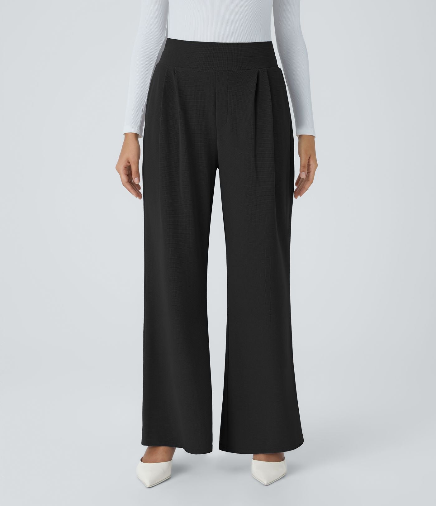 Halara Flex™ Pantalon Tailleur en Tissu Gaufré Taille Haute avec Large Ceinture Plis Poches Latérales Jambes Larges