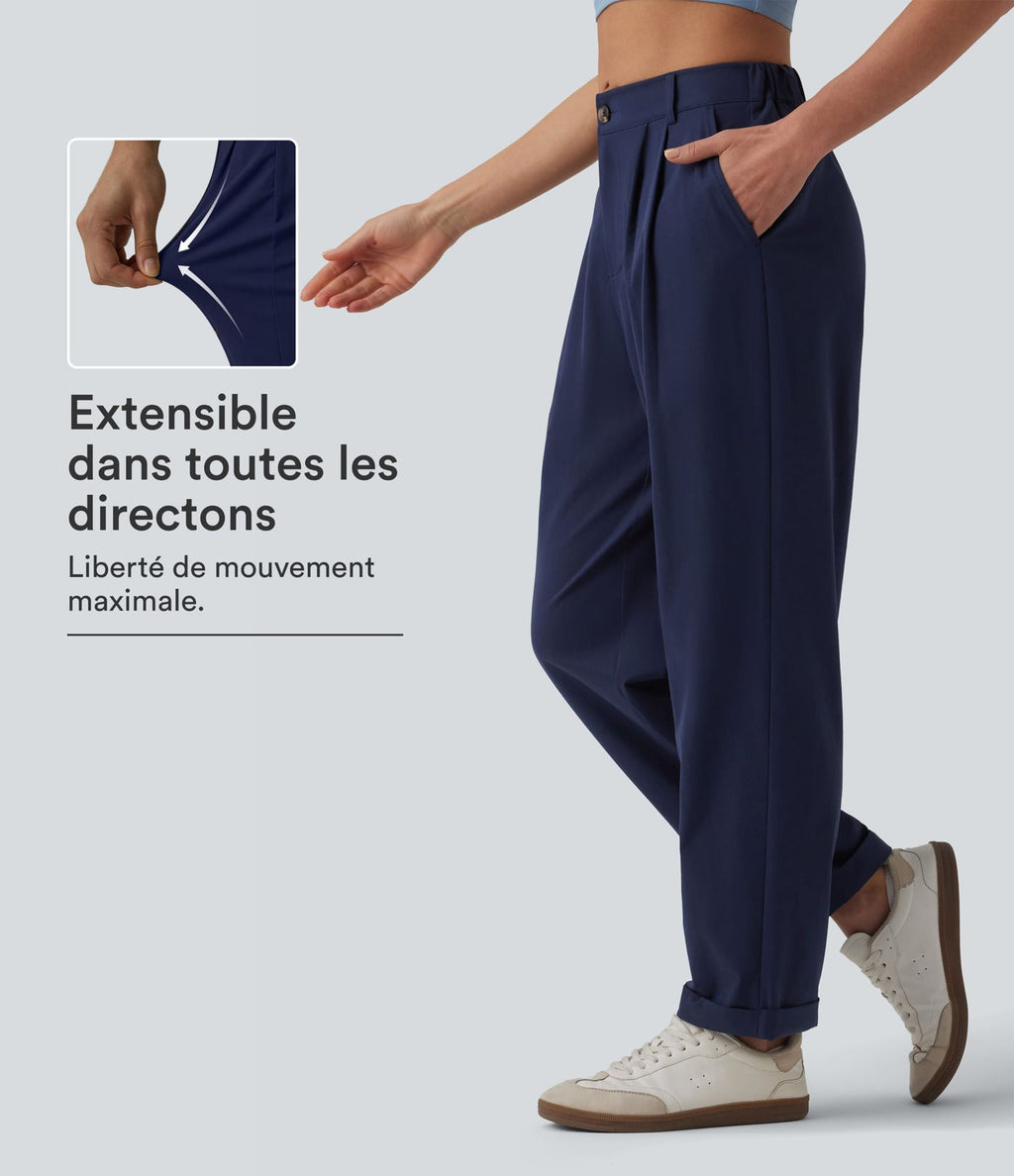 Pantalon casual fuselé 7/8 taille mi-haute plissé en popeline extensible à ourlet retroussé avec poches