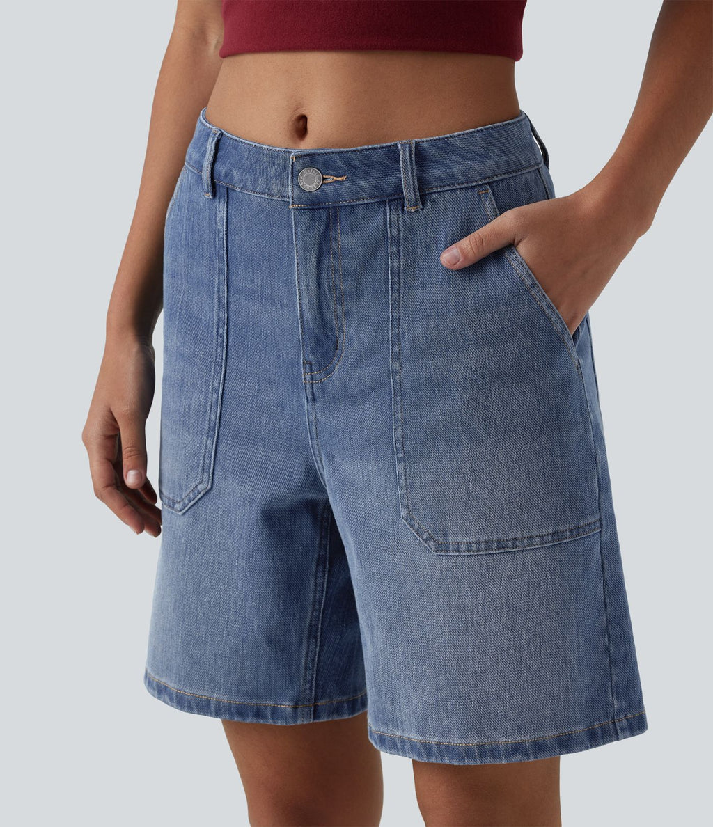 Short en jean Halara Flex™ mi-taille ample délavé décontracté avec poches