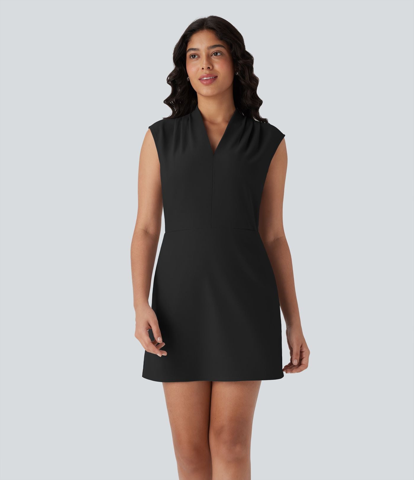 Robe de travail courte sans manches col V plissée Halara Flex™ micro gaufré avec poches