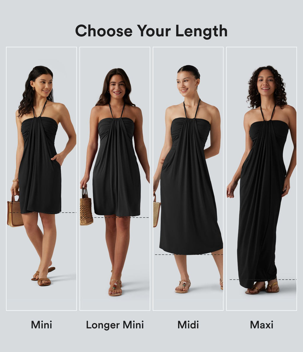 Robe midi de plage à col halter avec brassière intégrée, lien noué au dos et poches