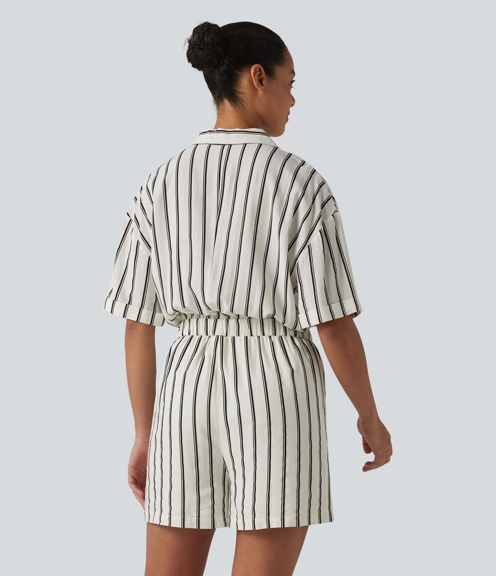Combinaison-chemise décontractée rayée à manches courtes avec poches