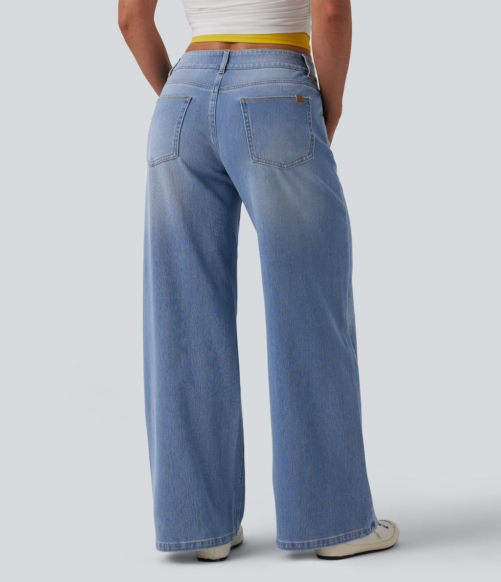 Halara Flex™ Jean Large Casual Taille Basse avec Boutons Zip Multiples Poches Lavés Élastiques et Tricotés