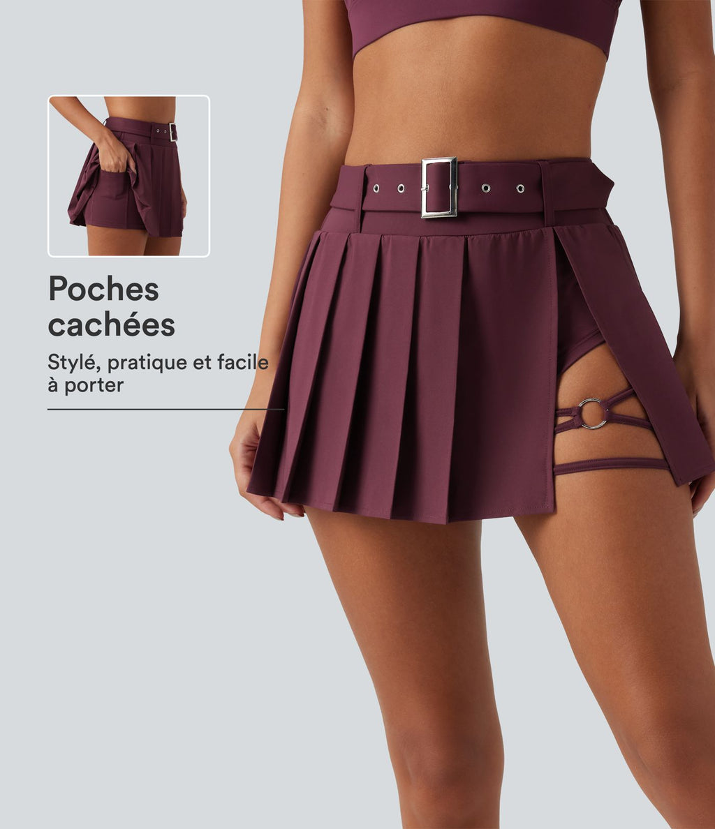 Jupe-short de danse micro-mini Breezeful™ taille mi-haute plissée avec ceinture, ourlet asymétrique, poche et séchage rapide