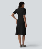 Robe midi casual col V manches courtes