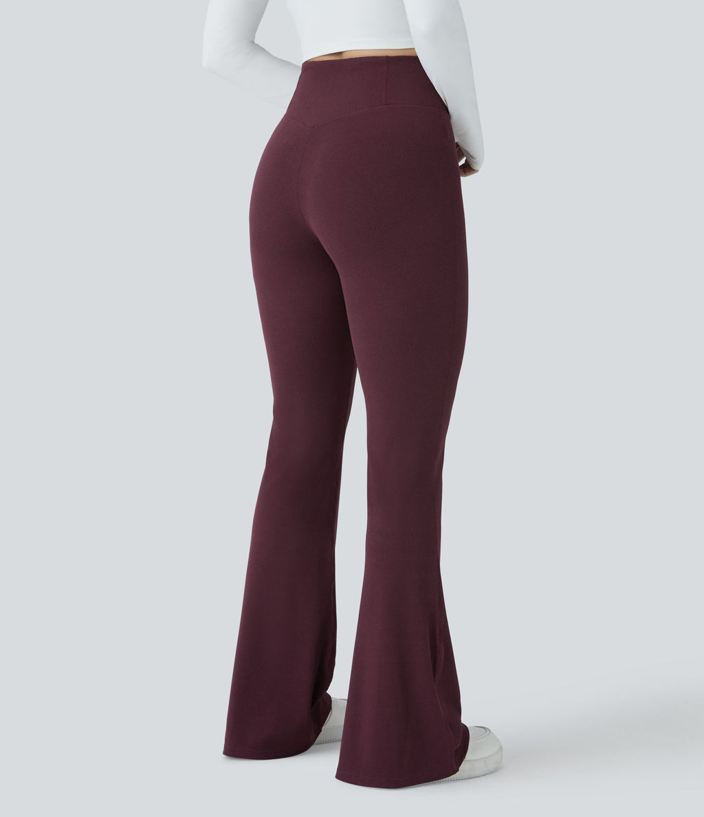 Pantalon décontracté évasé en maille gaufrée, taille haute, avec poches croisées
