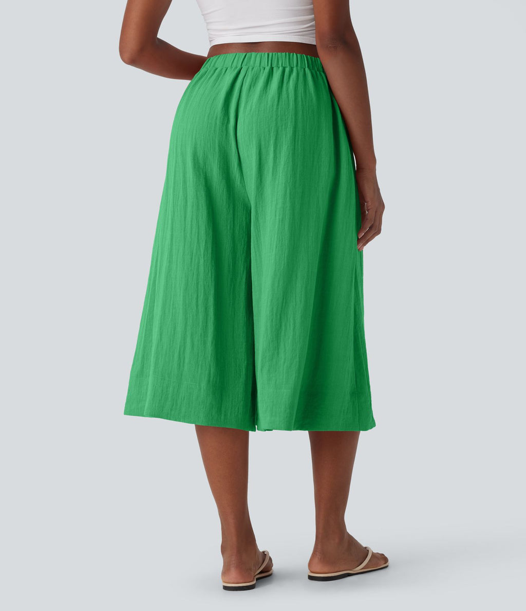Pantalon fluide large taille mi-haute effet lin avec poche