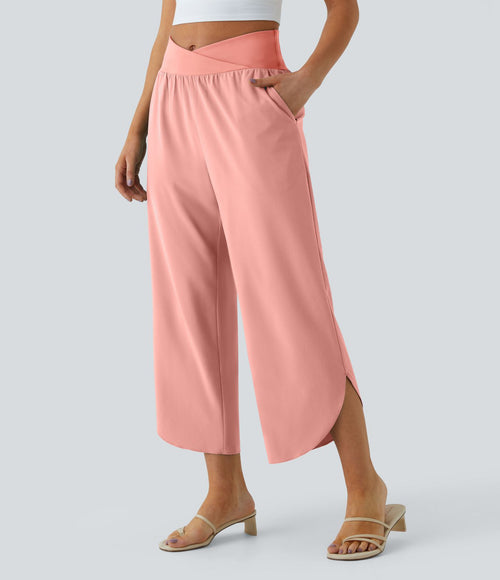 Breezeful™ Pantalon Fluide Vacances Séchage Rapide Taille Haute Croisée Poches Latérales Plissées Fente