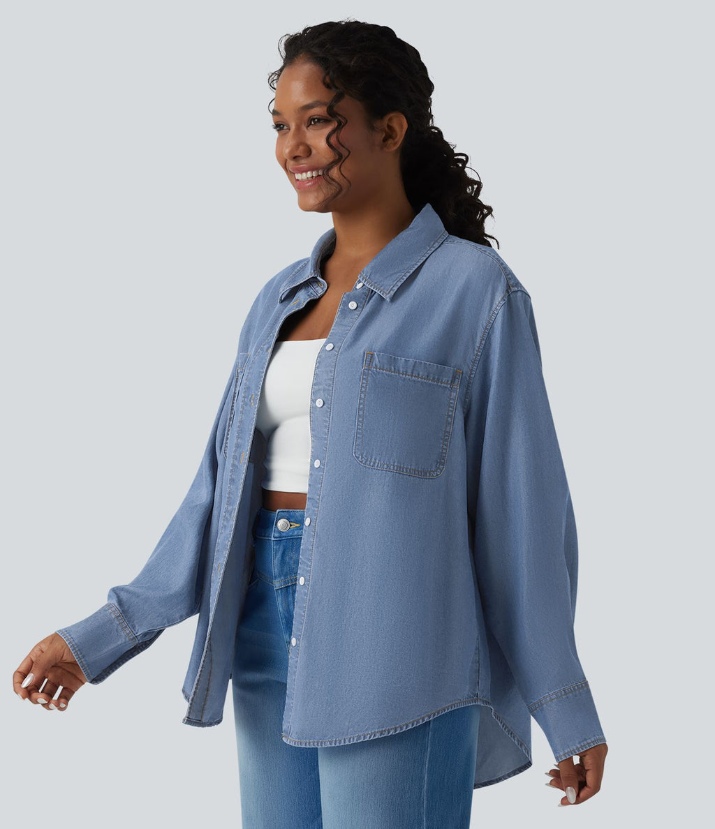 Chemise casual denim en lyocell manches longues avec poches
