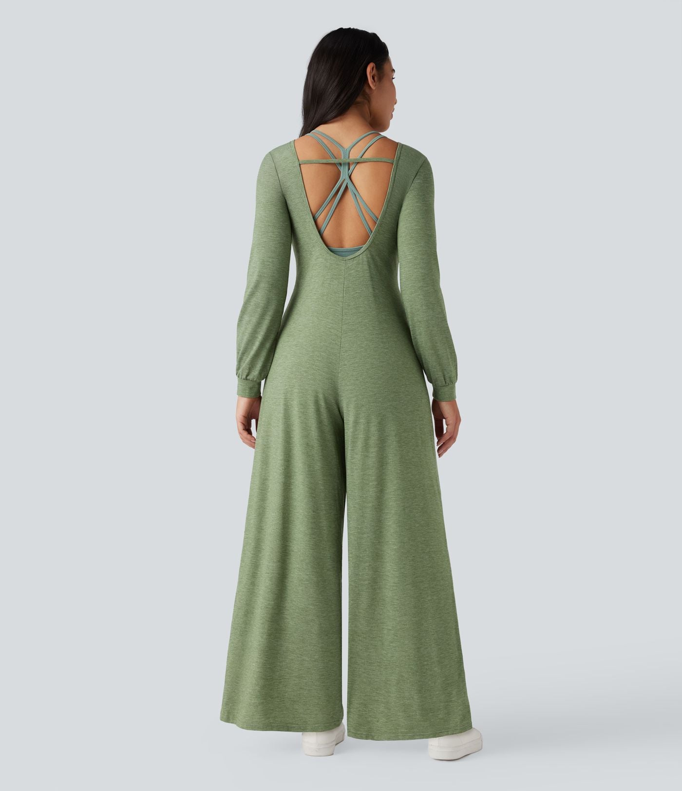 Combinaison-pantalon ample décontractée dos nu col rond à manches longues avec poches