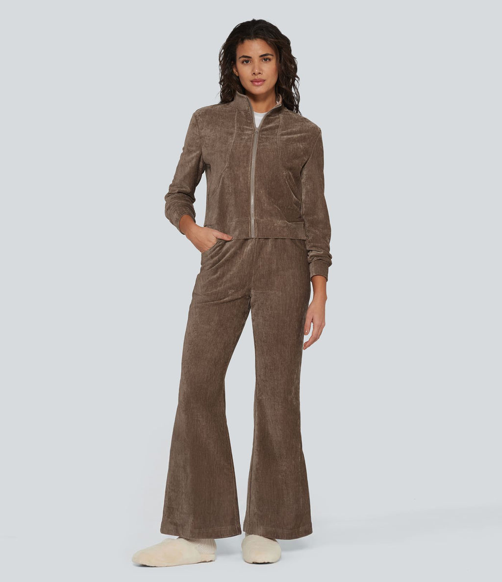 Pantalon de détente évasé en velours taille haute avec cordon de serrage et poches