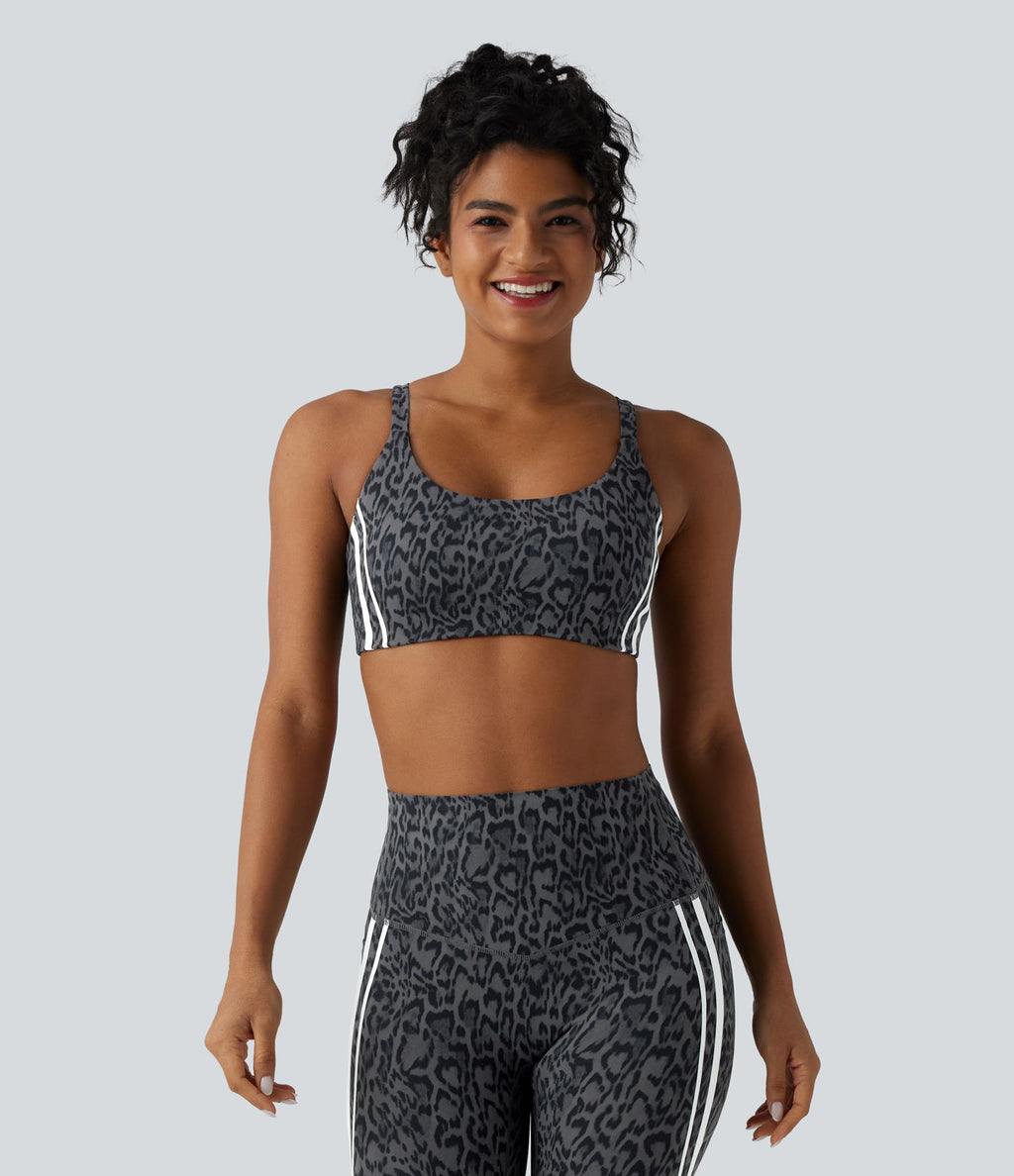 Brassière de sport d'entraînement à maintien moyen imprimé léopard et rayures color block Halara UltraSculpt™